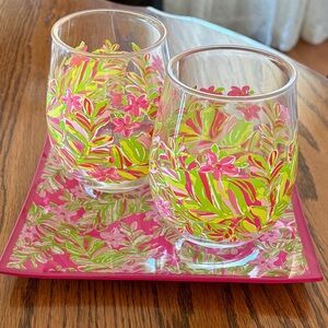 Lilly Pulitzer Pink and Green Floral Glassware Set